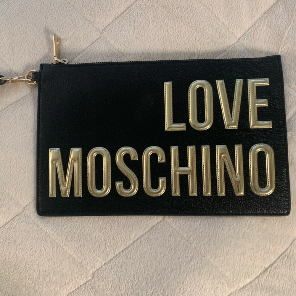 Moschino zipper pouch with hand strap
